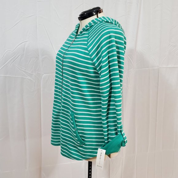 NWT Women's XL Hoodie Style & Co Sport Green White Stripe Zip Snap Pocket Sleeve - Picture 2 of 11